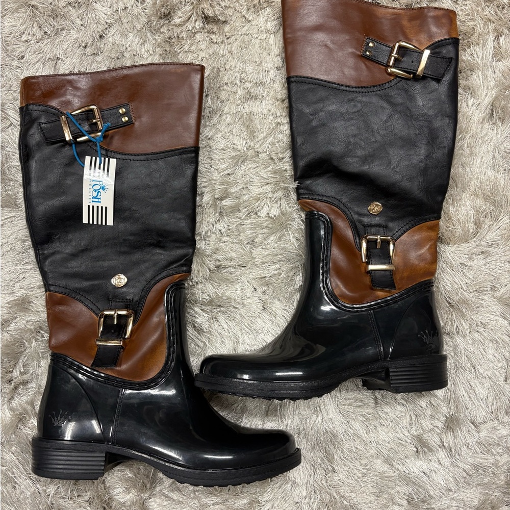NWT Posh Wellies Stylish Black and Brown rain boots sz 37